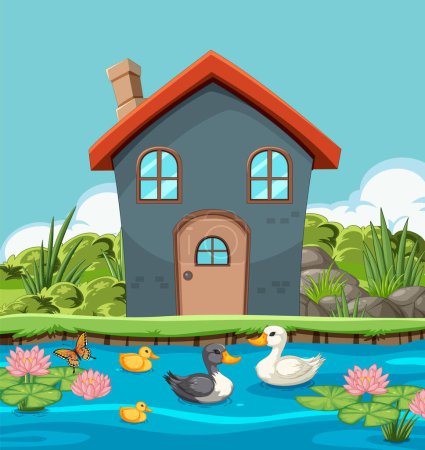 Téléchargez les illustrations : Charmante maison au bord de l'eau avec canards et fleurs - en licence libre de droit