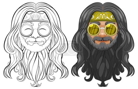 Ilustración de "Personaje hippie negro y blanco y de color con gafas" - Imagen libre de derechos