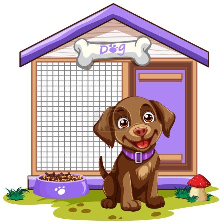 A cheerful brown puppy sitting by its kennel.