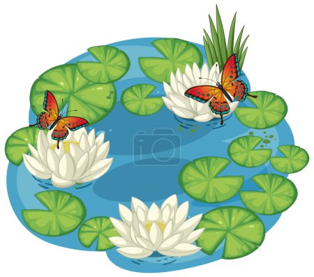Illustration for Colorful butterflies resting on white water lilies - Royalty Free Image
