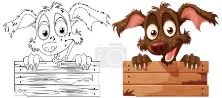 Ilustración de Dos perros de dibujos animados sonriendo sobre una barrera de madera - Imagen libre de derechos
