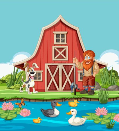 Cartoon of a farmer with animals by a barn