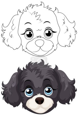 Téléchargez les illustrations : Deux adorables visages de chien de dessin animé, noir et blanc - en licence libre de droit