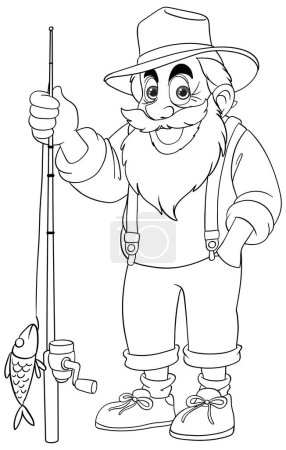 Smiling cartoon fisherman holding a fishing rod and fish.