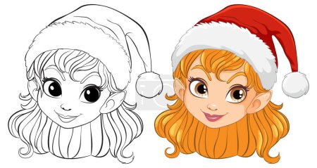 Illustration for Vector illustration of a girl with a Santa hat, colored and line art. - Royalty Free Image