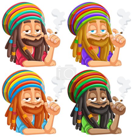Quatre figures rastafariennes aux expressions différentes.