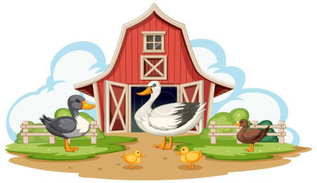 Ducks and ducklings in front of a red barn