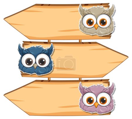 Illustration for Three colorful owls perched on arrow signs - Royalty Free Image