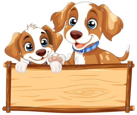 Téléchargez les illustrations : Deux chiens de dessin animé regardant sur un panneau vierge - en licence libre de droit