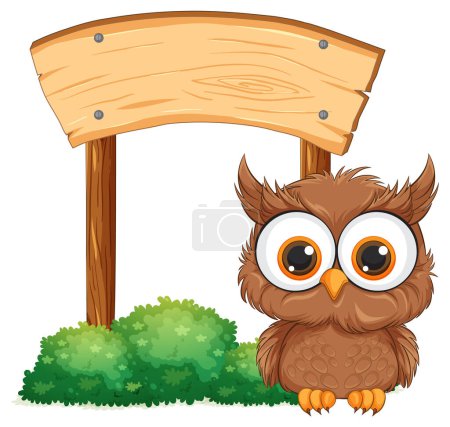 Photo for Cute owl standing under a blank wooden sign. - Royalty Free Image