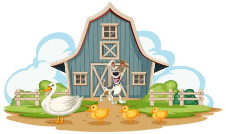 Illustration for Dog, duck, and ducklings in front of barn - Royalty Free Image