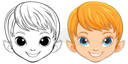 Photo for Cartoon boy faces, one colored and one line art. - Royalty Free Image