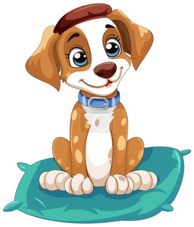 Téléchargez les illustrations : Mignon chien dessin animé assis sur un oreiller bleu. - en licence libre de droit