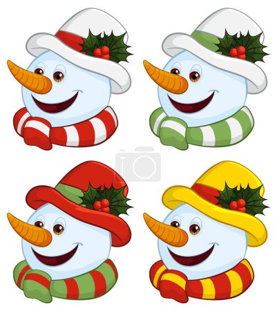 Four cheerful snowmen with colorful winter hats.