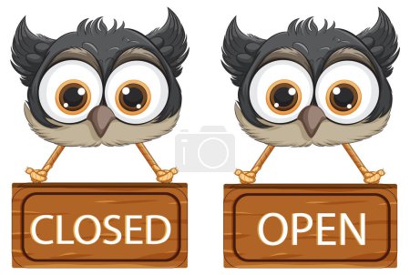 Cute owls with signs showing 'Closed' and 'Open'