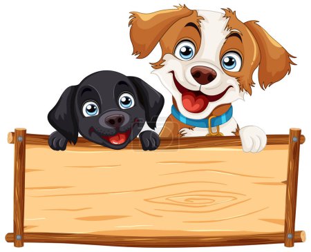 Two cartoon dogs holding a blank wooden sign.