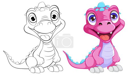Ilustración de Coloridos y delineados personajes de dragón de dibujos animados sonriendo. - Imagen libre de derechos