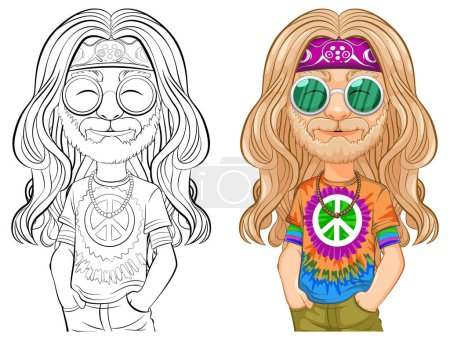 Illustration for Colorful and line art hippie character drawings. - Royalty Free Image