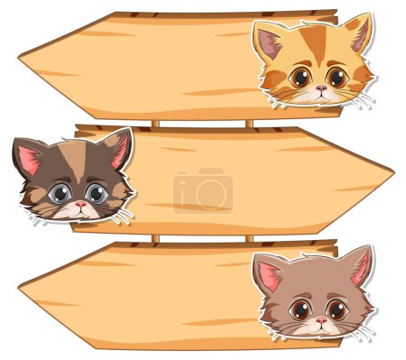 Téléchargez les illustrations : Trois adorables chatons jetant un coup d'oeil sur les flèches de signe - en licence libre de droit