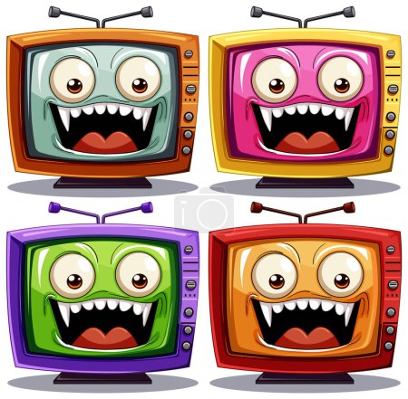 Téléchargez les illustrations : Quatre téléviseurs animés montrant divers visages drôles. - en licence libre de droit