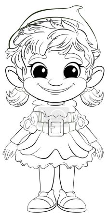 Schwarz-weiße Zeichnung eines glücklichen Elfenmädchens.