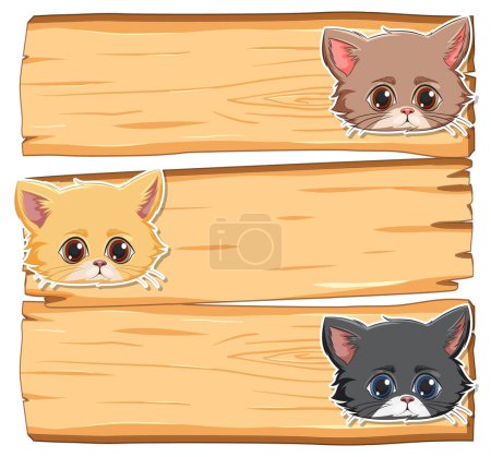 Ilustración de Tres lindos gatitos de dibujos animados asomándose desde tablones de madera - Imagen libre de derechos