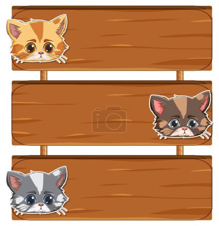 Téléchargez les illustrations : Trois adorables chatons regardant derrière des planches en bois. - en licence libre de droit
