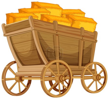 Illustration for Cartoon wooden cart filled with shiny gold bars. - Royalty Free Image