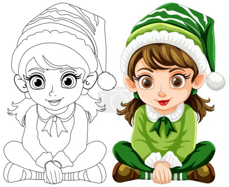 Illustration for "Vector illustration of an elf girl, colored and line art." - Royalty Free Image