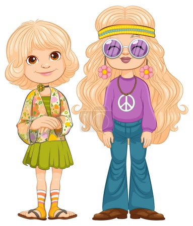Dos chicas vestidas con trajes retro coloridos.