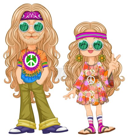 Dibujos animados de hippie hombre y chica mostrando signos de paz.