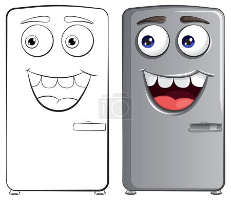 Two animated fridges with cheerful facial expressions