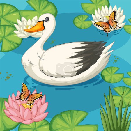 Ilustración de Cisne con mariposas sobre lirios de agua ilustración - Imagen libre de derechos