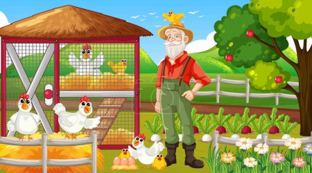 Älterer Bauer steht auf Bauernhof neben Hühnerstall