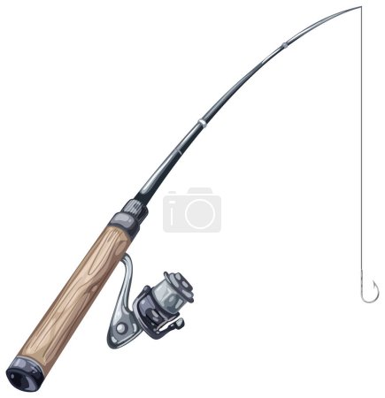 Detailed vector of a fishing rod with reel and hook.
