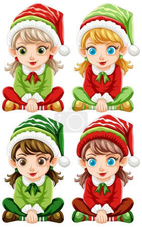 Four cheerful elves in festive holiday attire.