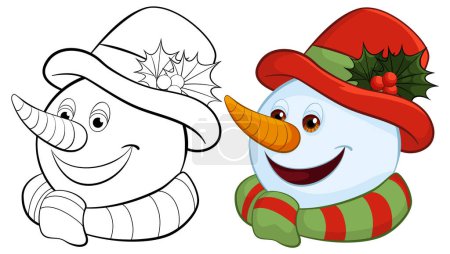 Ilustración de Dos ilustraciones de muñecos de nieve, una de color y una línea de arte. - Imagen libre de derechos