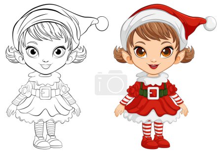 Ilustración de Versiones coloridas y esbozadas de una chica elfa festiva. - Imagen libre de derechos