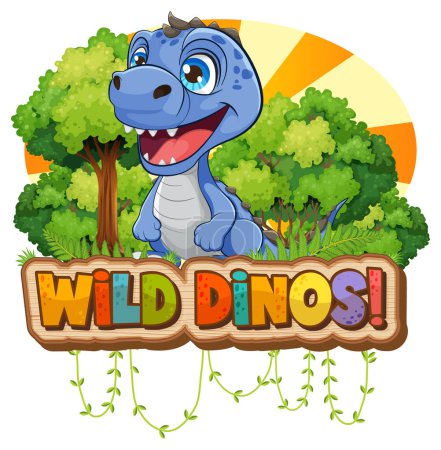 Happy blue dinosaur with a vibrant forest backdrop