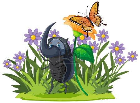Illustration for Cartoon beetle and butterfly among purple flowers - Royalty Free Image