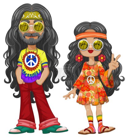 Colorido, retro hippie hombre y chica en el arte vectorial.