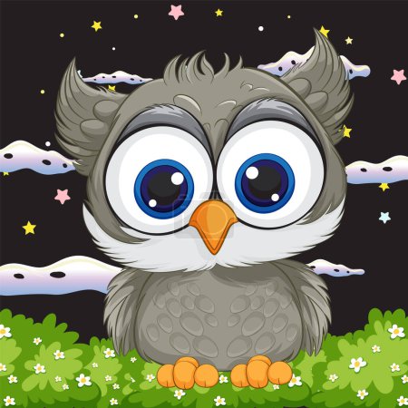 Illustration for Adorable cartoon owl sitting under a starry sky - Royalty Free Image