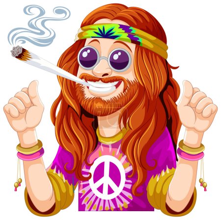 Illustration for Colorful hippie with peace sign and smoking joint. - Royalty Free Image