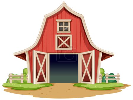 Cartoon-style red barn with open doors and fence.