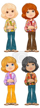 Téléchargez les illustrations : Quatre enfants de dessin animé avec des coiffures et des vêtements divers. - en licence libre de droit