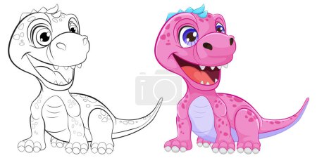 Ilustración de Personajes de dinosaurios coloridos y delineados sonriendo. - Imagen libre de derechos