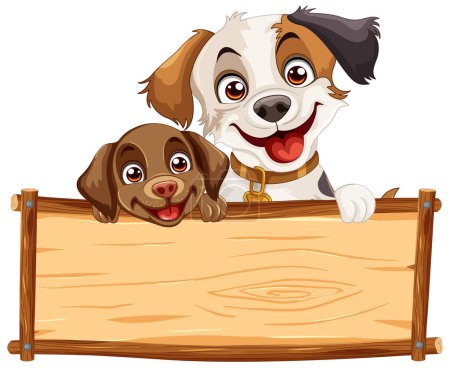 Two cartoon dogs holding a blank wooden sign.