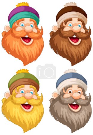 Four cheerful bearded men with different hats.