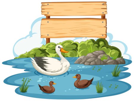 Illustration for Swan and ducks in a tranquil pond setting - Royalty Free Image