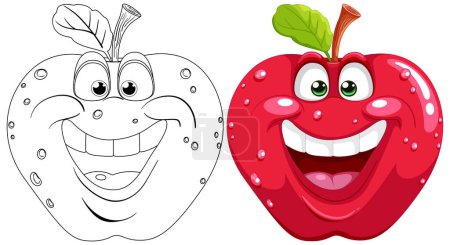 Téléchargez les illustrations : Illustrations de pommes souriantes noires et blanches et colorées - en licence libre de droit